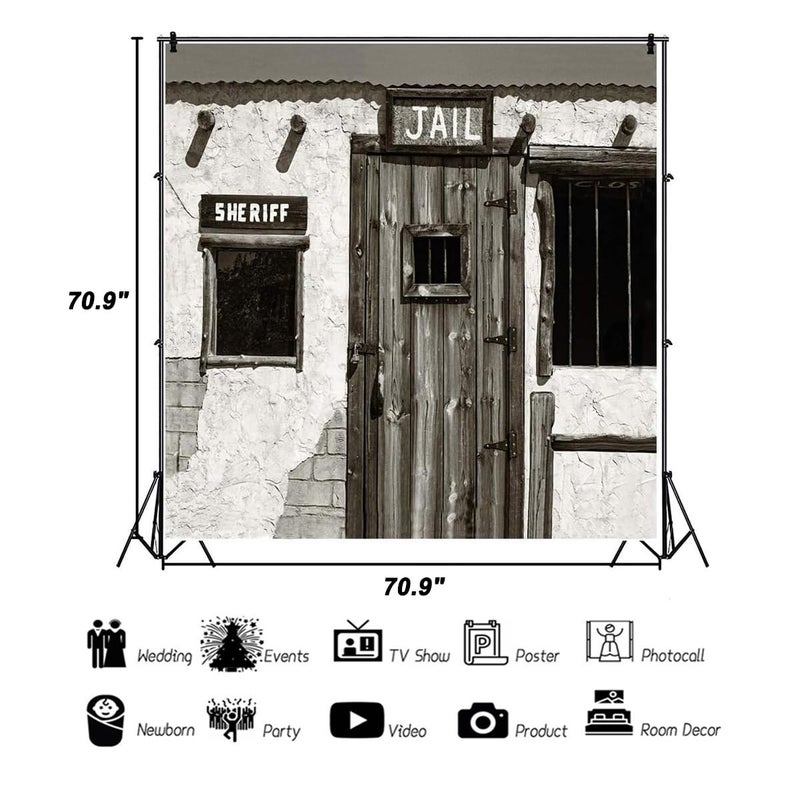 AOFOTO 6x6ft Gloomy Sheriff Window Jail Backdrop for Photography Old West Town Jail Wooden Door Drak Sheriff's Office Background Western Themed Halloween Party Photo Studio Props Vinyl - Image 5